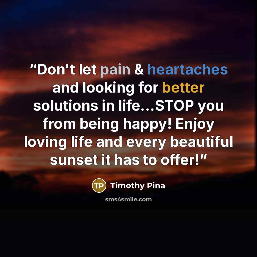 “Don't let pain & heartaches and looking for better solutions in life...STOP you from being happy! Enjoy loving life and every beautiful sunset it has to offer!” quote by Timothy Pina