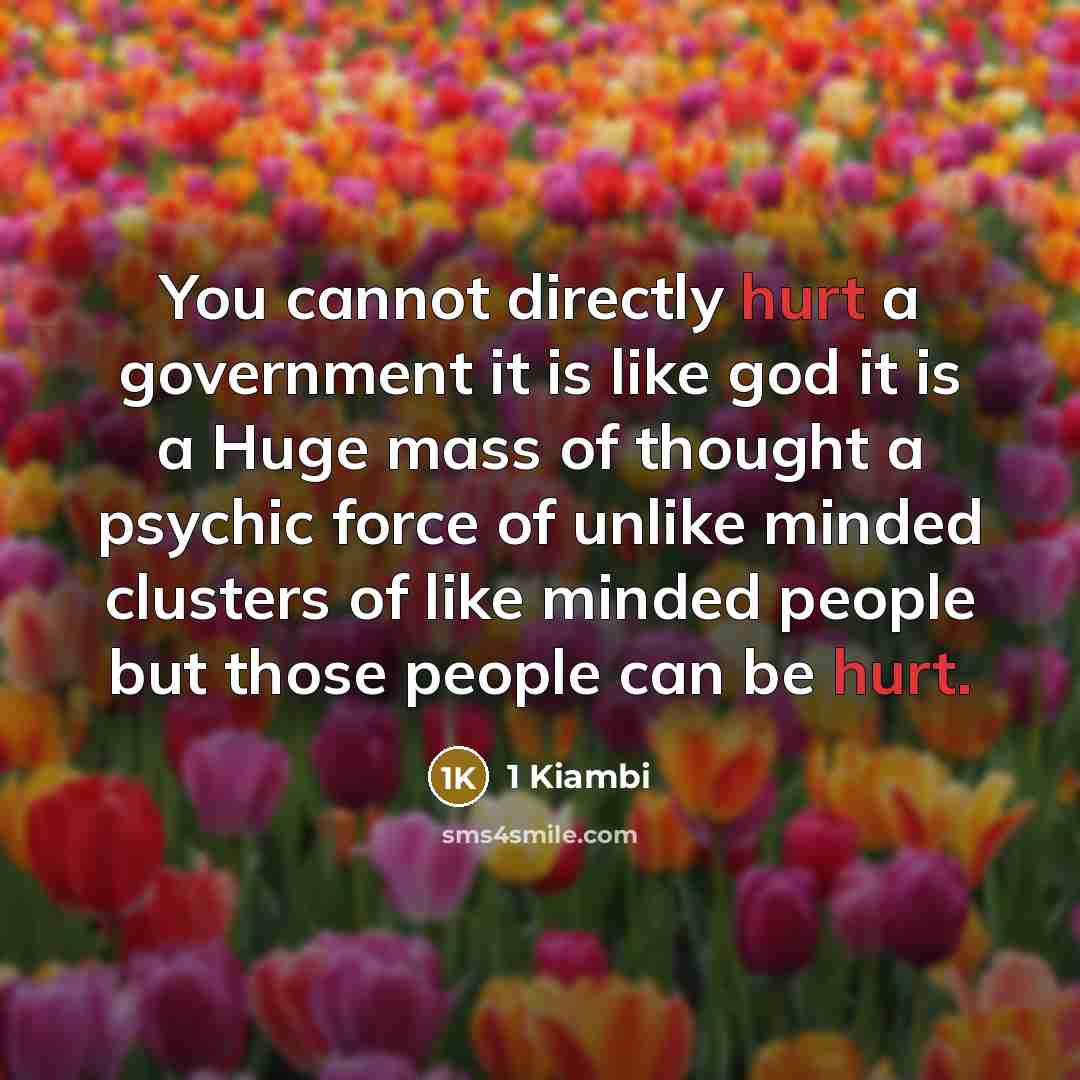 “You cannot directly hurt a government it is like god it is a Huge mass of thought a psychic force of unlike minded clusters of like minded people but those people can be hurt.” quote by 1 Kiambi