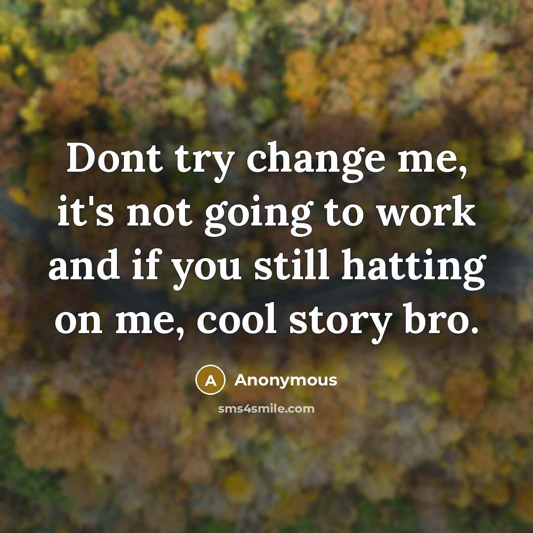 “Dont try change me, it's not going to work and if you still hatting on me, cool story bro.” quote by Anonymous