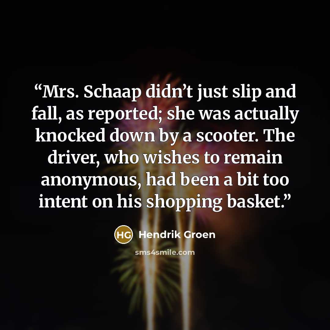 “Mrs. Schaap didn’t just slip and fall, as reported; she was actually knocked down by a scooter. The driver, who wishes to remain anonymous, had been a bit too intent on his shopping basket.” quote by Hendrik Groen