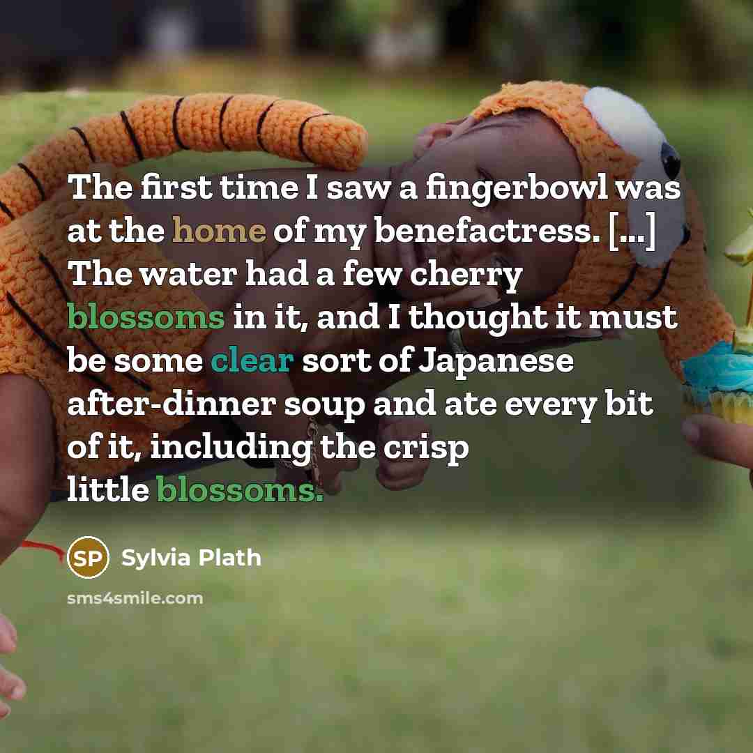 “The first time I saw a fingerbowl was at the home of my benefactress. [...] The water had a few cherry blossoms in it, and I thought it must be some clear sort of Japanese after-dinner soup and ate every bit of it, including the crisp little blossoms.” quote by Sylvia Plath