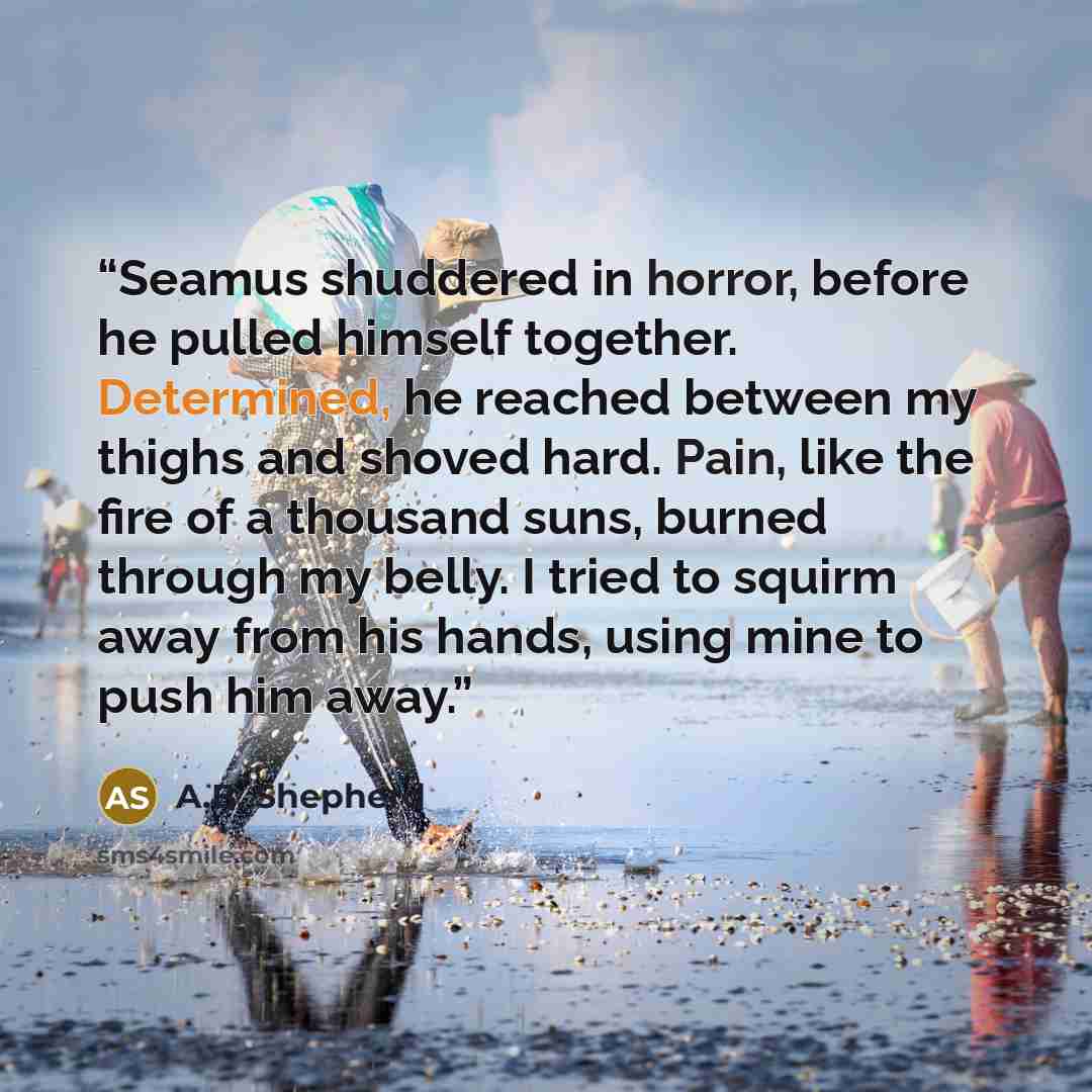 “Seamus shuddered in horror, before he pulled himself together. Determined, he reached between my thighs and shoved hard. Pain, like the fire of a thousand suns, burned through my belly. I tried to squirm away from his hands, using mine to push him away.” quote by A.B. Shepherd