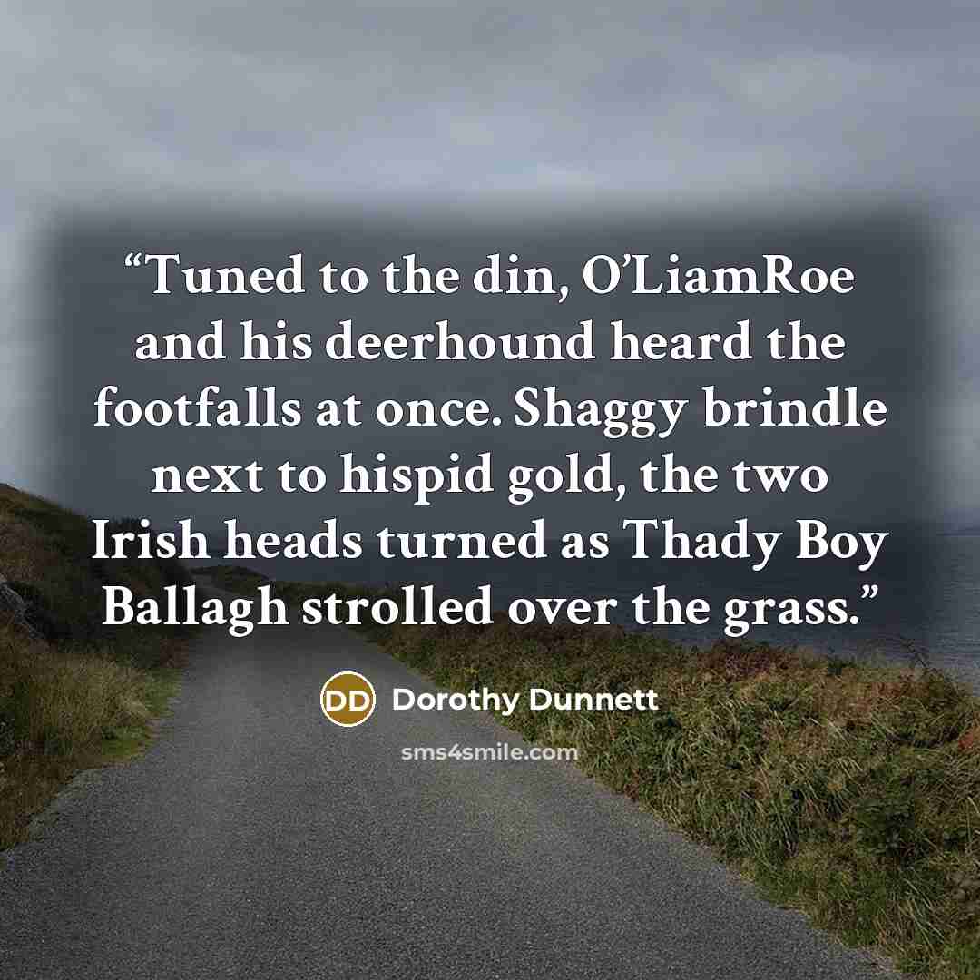 “Tuned to the din, O’LiamRoe and his deerhound heard the footfalls at once. Shaggy brindle next to hispid gold, the two Irish heads turned as Thady Boy Ballagh strolled over the grass.” quote by Dorothy Dunnett