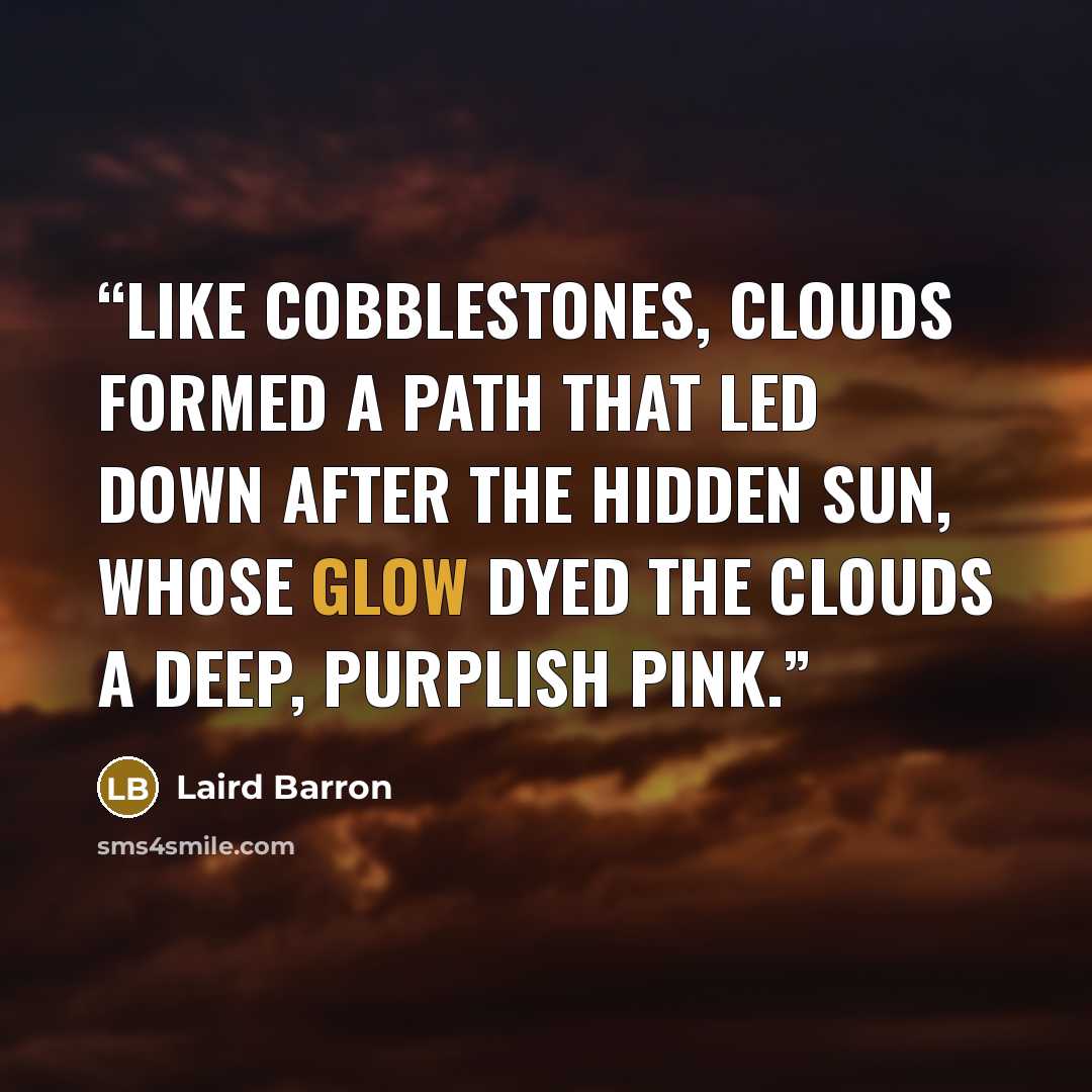 “Like cobblestones, clouds formed a path that led down after the hidden sun, whose glow dyed the clouds a deep, purplish pink.” quote by Laird Barron