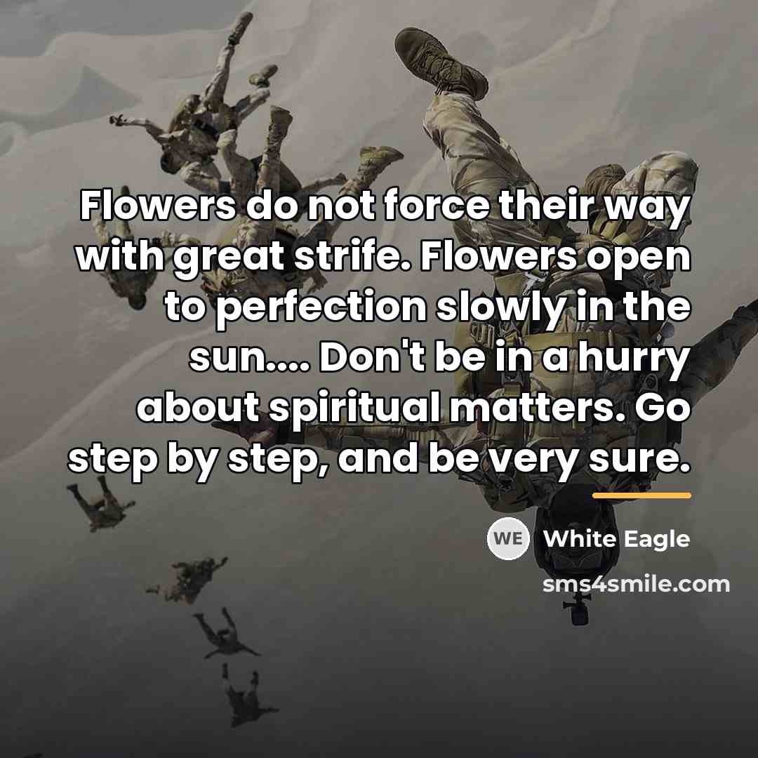 “Flowers do not force their way with great strife. Flowers…” quote by White Eagle