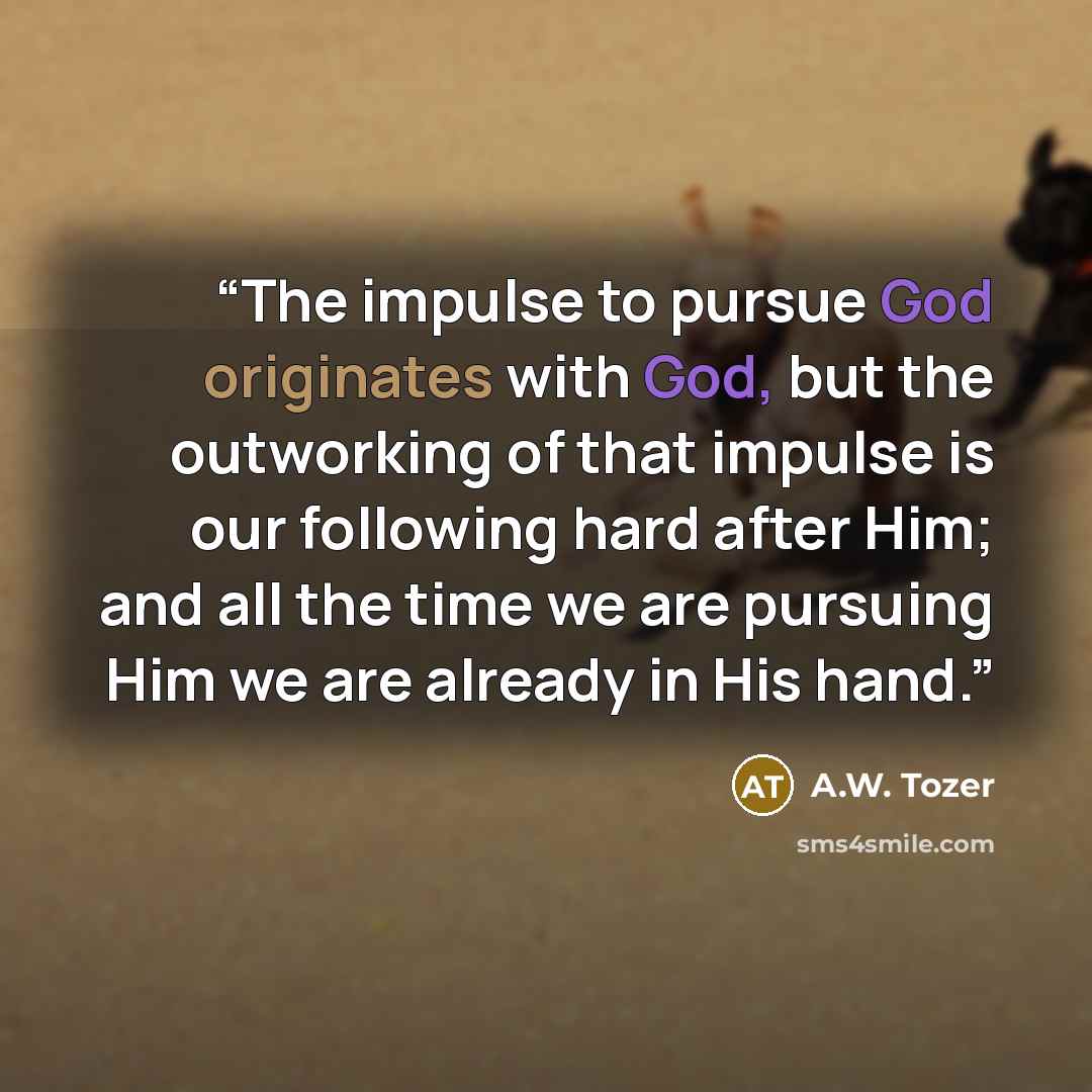 “The impulse to pursue God originates with God, but the outworking of that impulse is our following hard after Him; and all the time we are pursuing Him we are already in His hand.” quote by A.W. Tozer