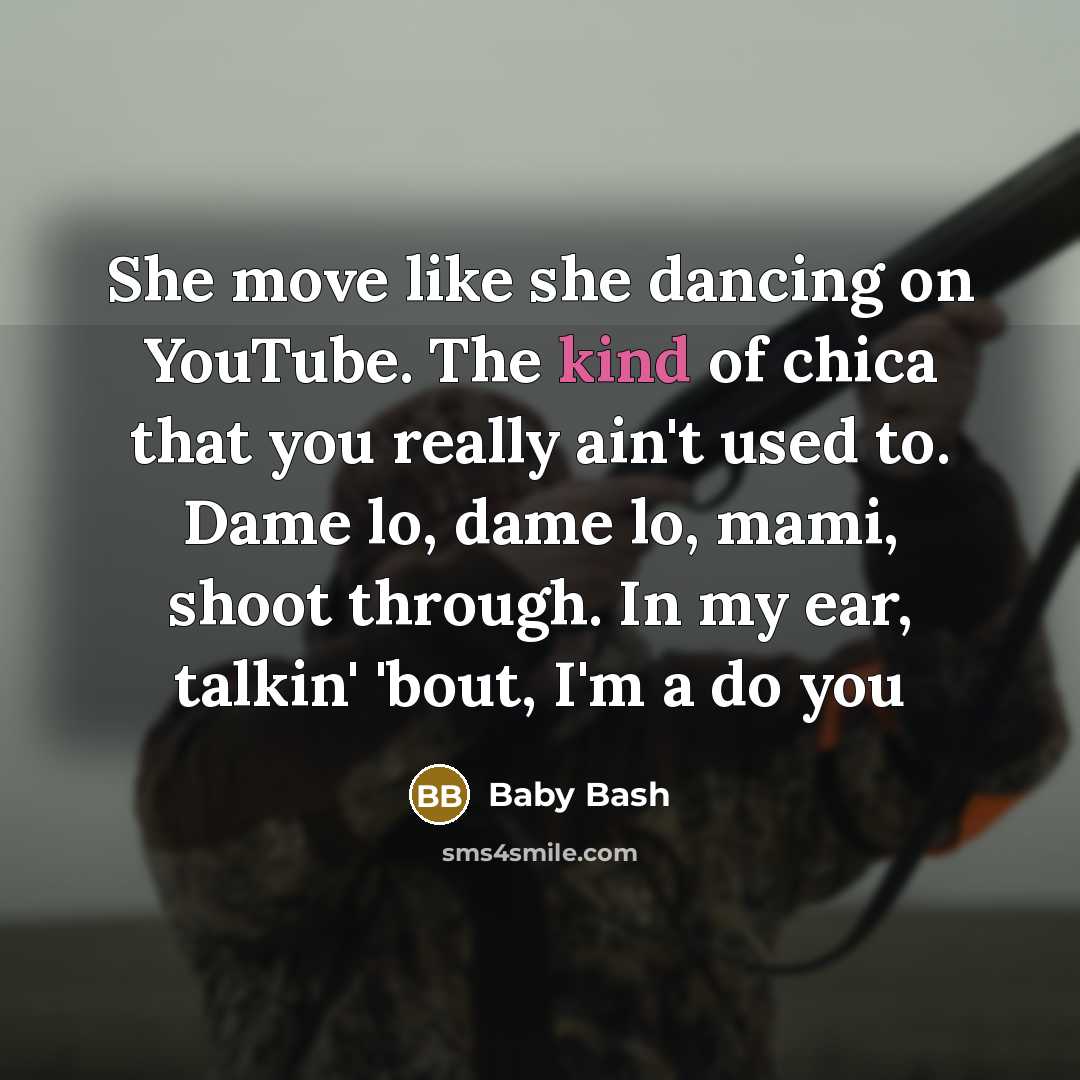 “She move like she dancing on YouTube. The kind of chica that you really ain't used to. Dame lo, dame lo, mami, shoot through. In my ear, talkin' 'bout, I'm a do you” quote by Baby Bash