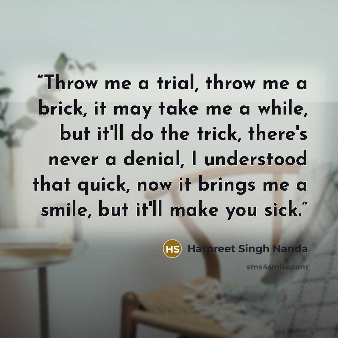 “Throw me a trial, throw me a brick, it may take me a while, but it'll do the trick, there's never a denial, I understood that quick, now it brings me a smile, but it'll make you sick.” quote by Harpreet Singh Nanda