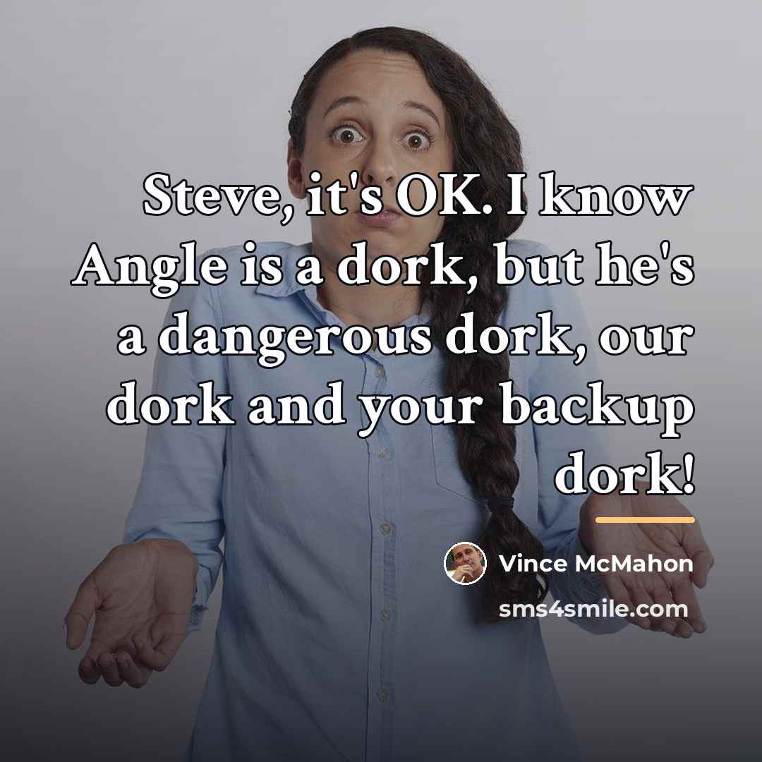 “Steve, it's OK. I know Angle is a dork, but…” quote by Vince McMahon