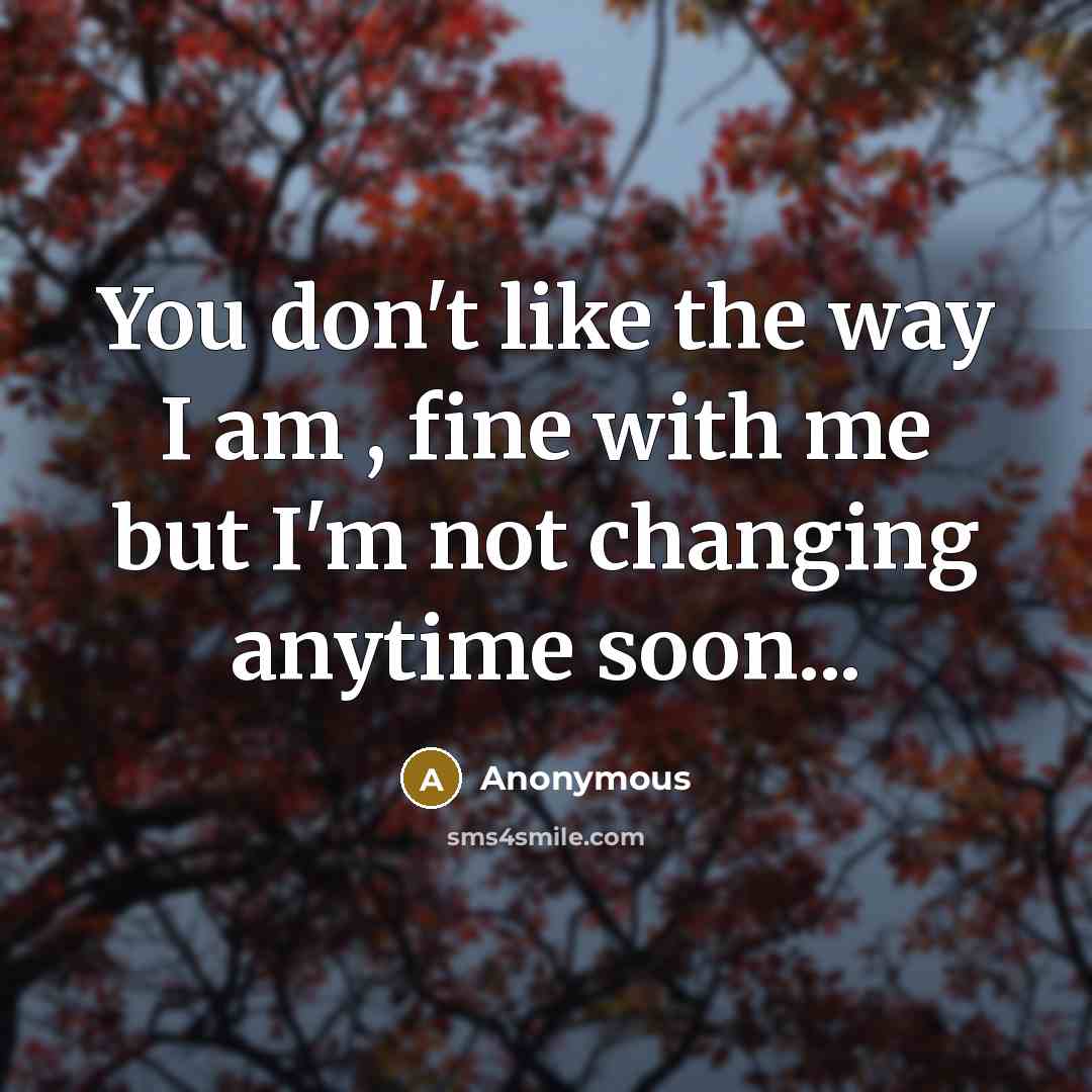 “You don't like the way I am , fine with me but I'm not changing anytime soon...” quote by Anonymous