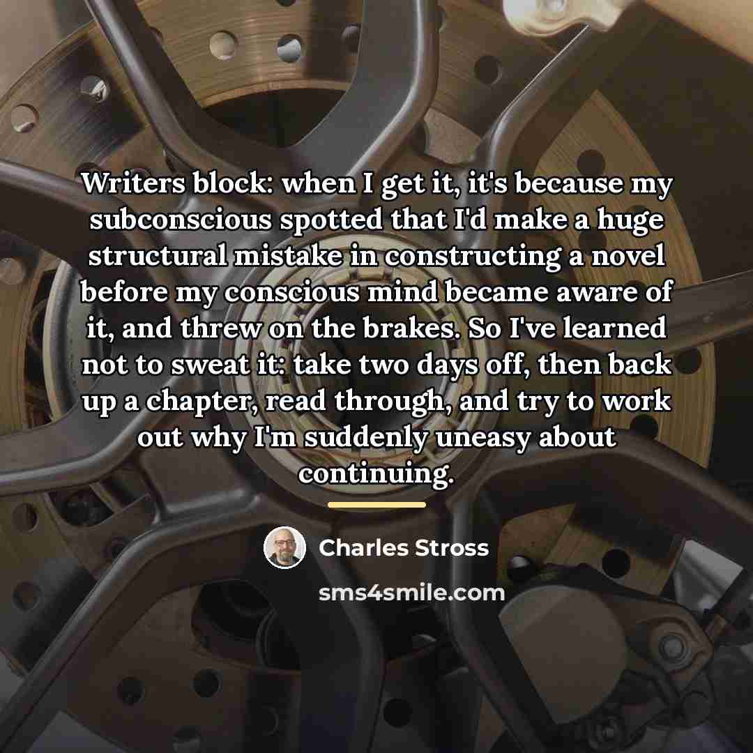 “Writers block: when I get it, it's because my subconscious…” quote by Charles Stross