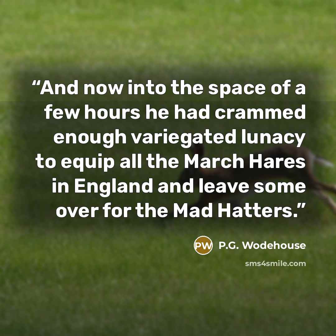 “And now into the space of a few hours he had crammed enough variegated lunacy to equip all the March Hares in England and leave some over for the Mad Hatters.” quote by P.G. Wodehouse