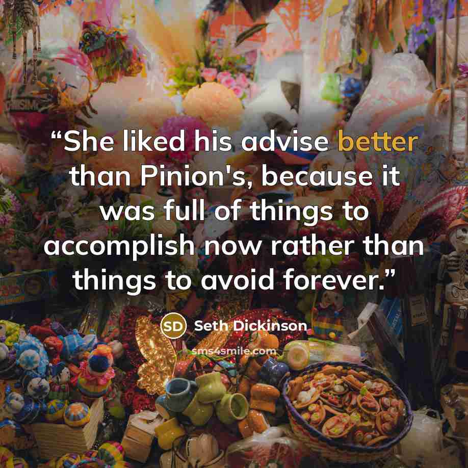 “She liked his advise better than Pinion's, because it was full of things to accomplish now rather than things to avoid forever.” quote by Seth Dickinson