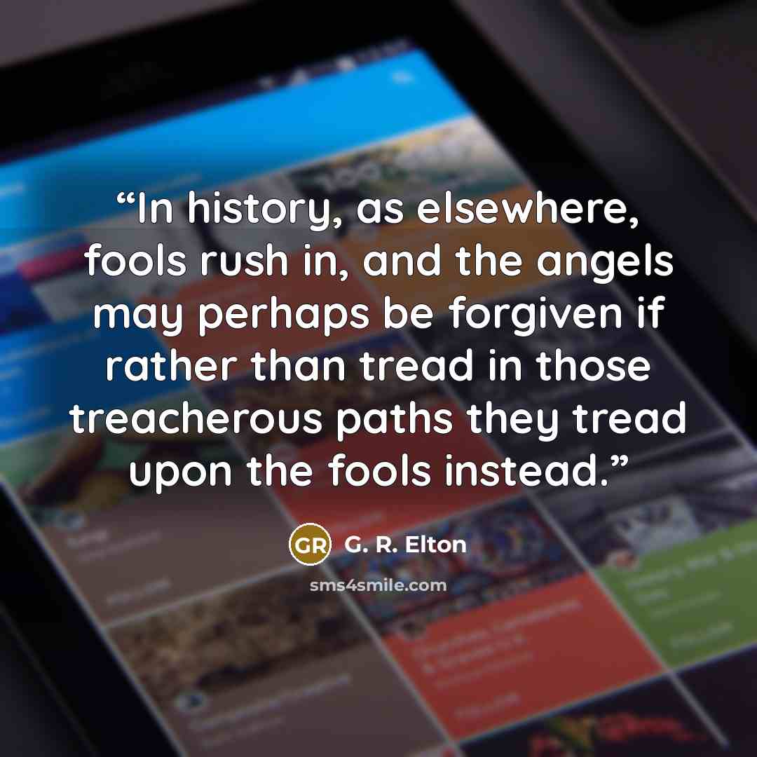 “In history, as elsewhere, fools rush in, and the angels may perhaps be forgiven if rather than tread in those treacherous paths they tread upon the fools instead.” quote by G. R. Elton