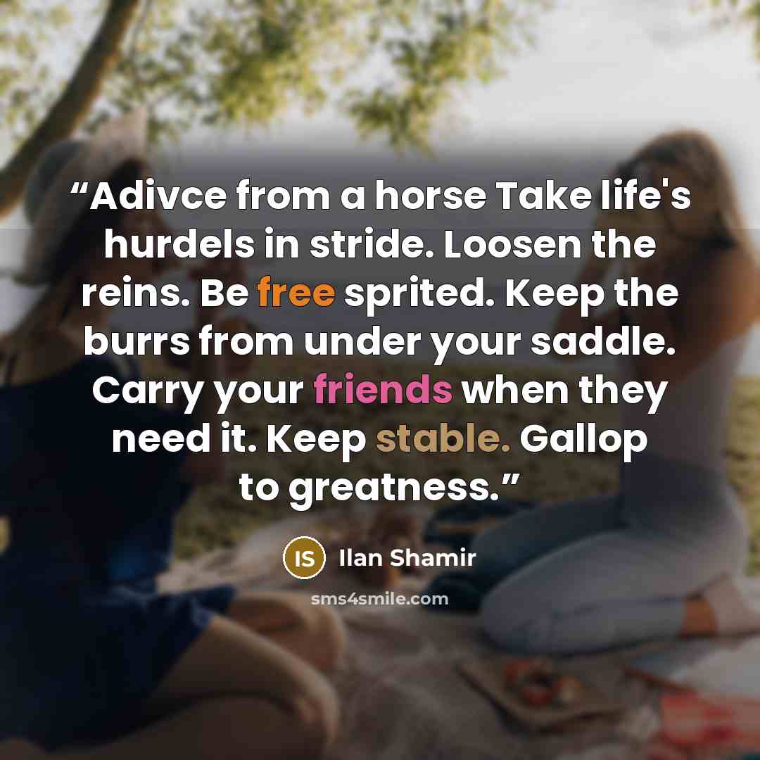 “Adivce from a horse Take life's hurdels in stride. Loosen the reins. Be free sprited. Keep the burrs from under your saddle. Carry your friends when they need it. Keep stable. Gallop to greatness.” quote by Ilan Shamir
