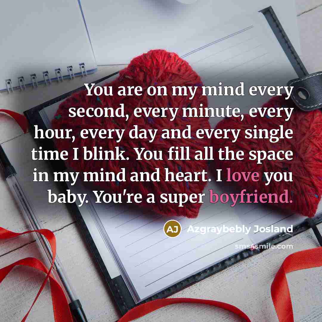“You are on my mind every second, every minute, every hour, every day and every single time I blink. You fill all the space in my mind and heart. I love you baby. You're a super boyfriend.” quote by Azgraybebly Josland