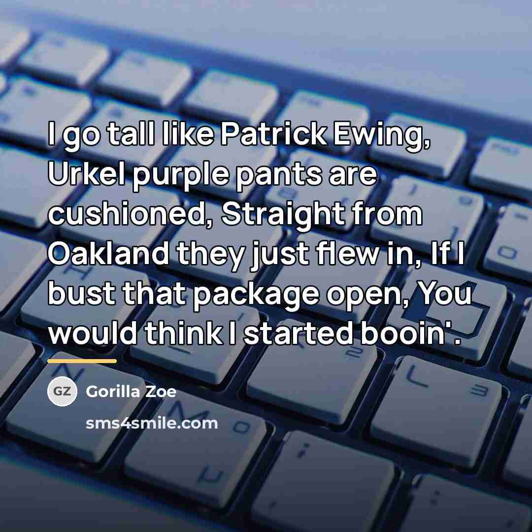 “I go tall like Patrick Ewing, Urkel purple pants are…” quote by Gorilla Zoe
