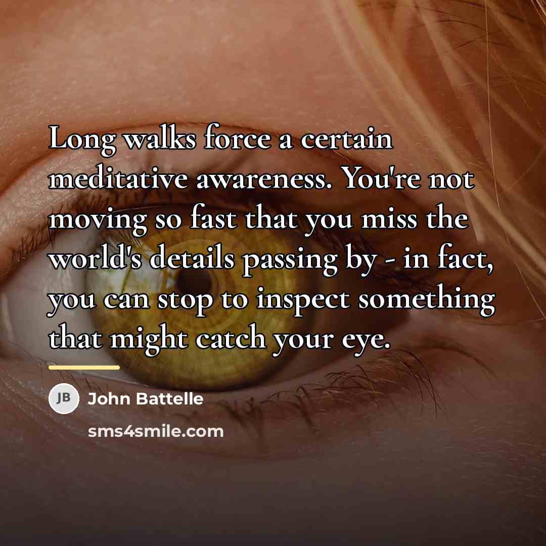 “Long walks force a certain meditative awareness. You're not moving…” quote by John Battelle