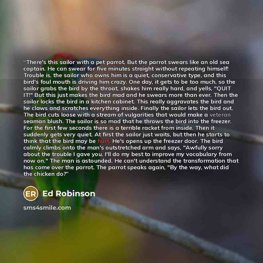 “There's this sailor with a pet parrot. But the parrot swears like an old sea captain. He can swear for five minutes straight without repeating himself! Trouble is, the sailor who owns him is a quiet, conservative type, and this bird's foul mouth is driving him crazy. One day, it gets to be too…” quote by Ed Robinson