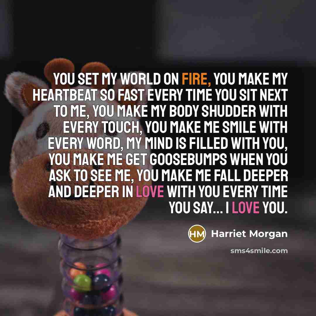 “You set my world on fire, you make my heartbeat…” quote by Harriet Morgan