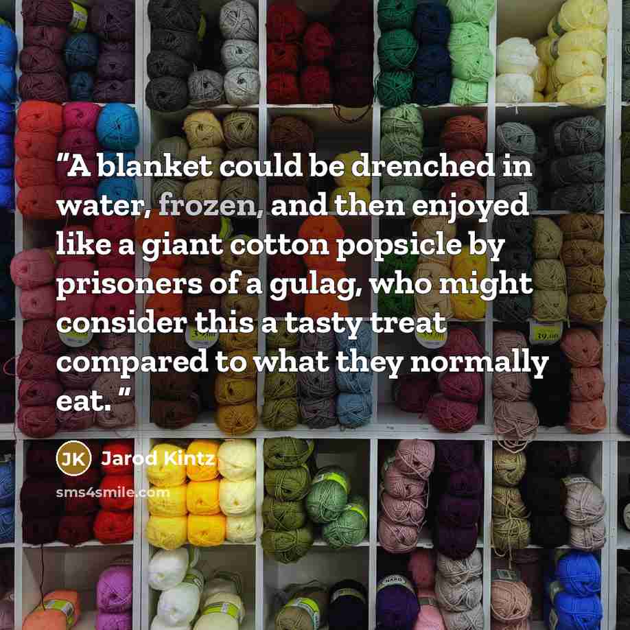 “A blanket could be drenched in water, frozen, and then enjoyed like a giant cotton popsicle by prisoners of a gulag, who might consider this a tasty treat compared to what they normally eat.” quote by Jarod Kintz