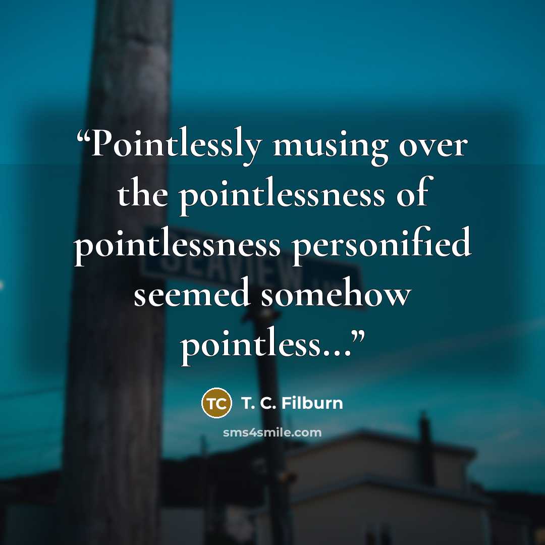 “Pointlessly musing over the pointlessness of pointlessness personified seemed somehow pointless...” quote by T. C. Filburn