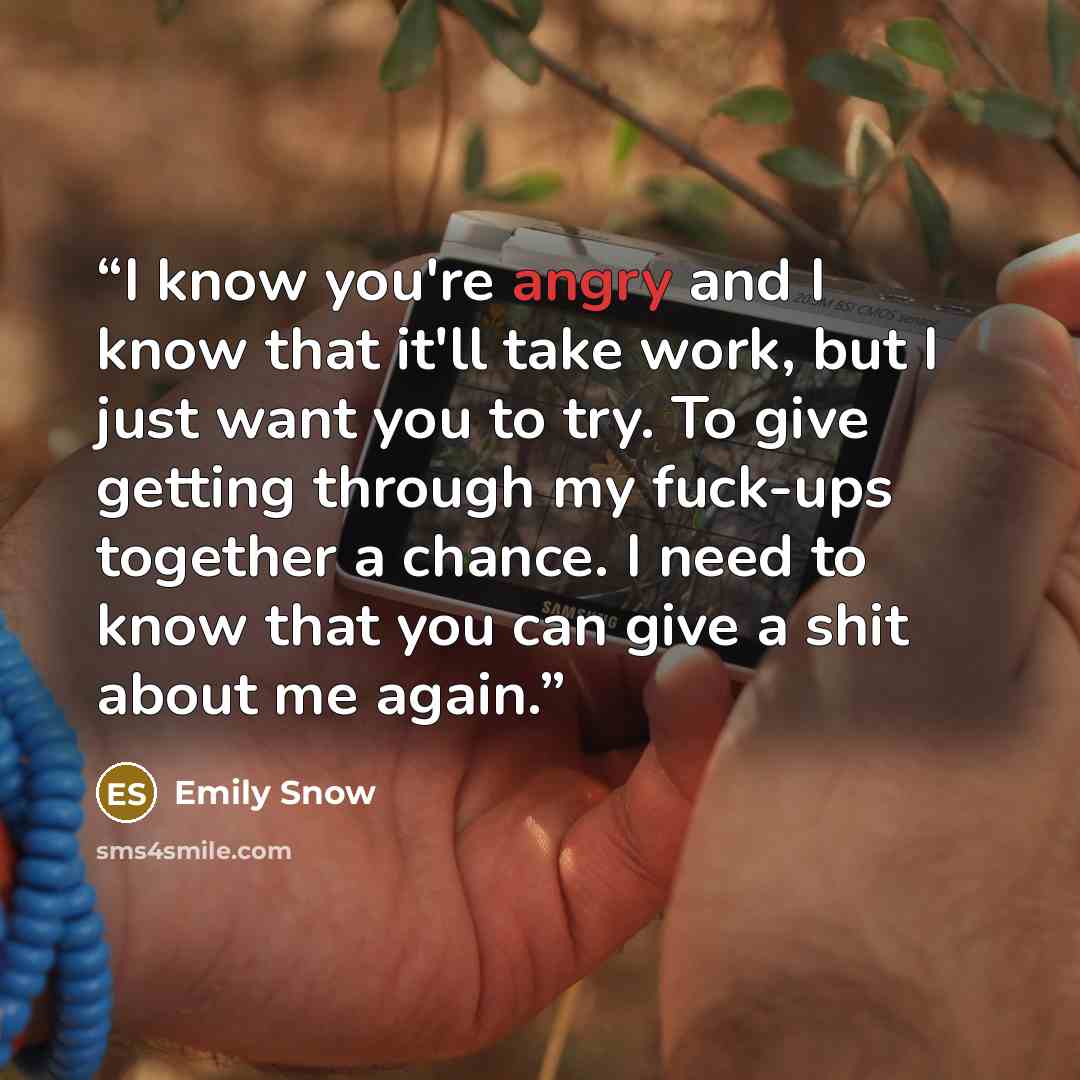 “I know you're angry and I know that it'll take work, but I just want you to try. To give getting through my fuck-ups together a chance. I need to know that you can give a shit about me again.” quote by Emily Snow