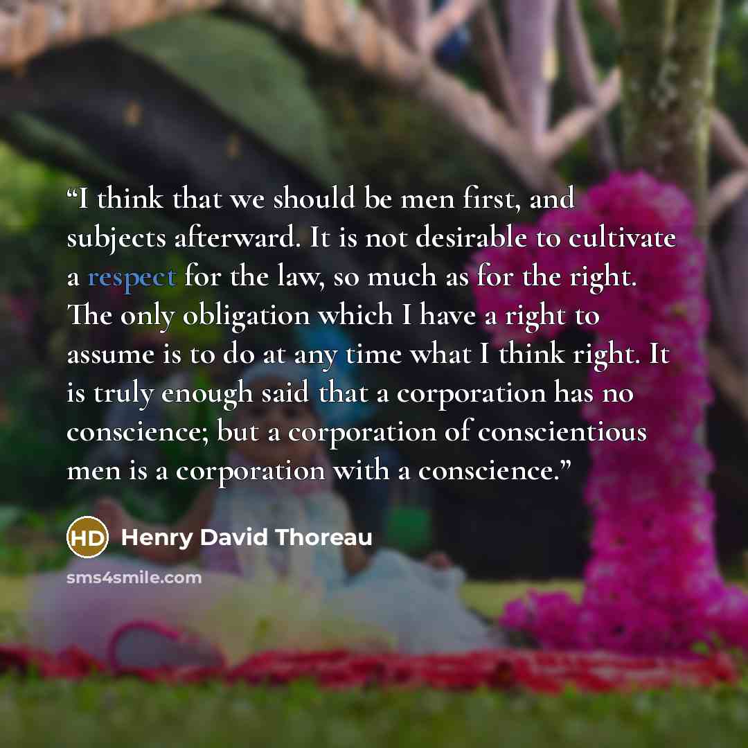 “I think that we should be men first, and subjects afterward. It is not desirable to cultivate a respect for the law, so much as for the right. The only obligation which I have a right to assume is to do at any time what I think right. It is truly enough said that a corporation has no conscience…” quote by Henry David Thoreau