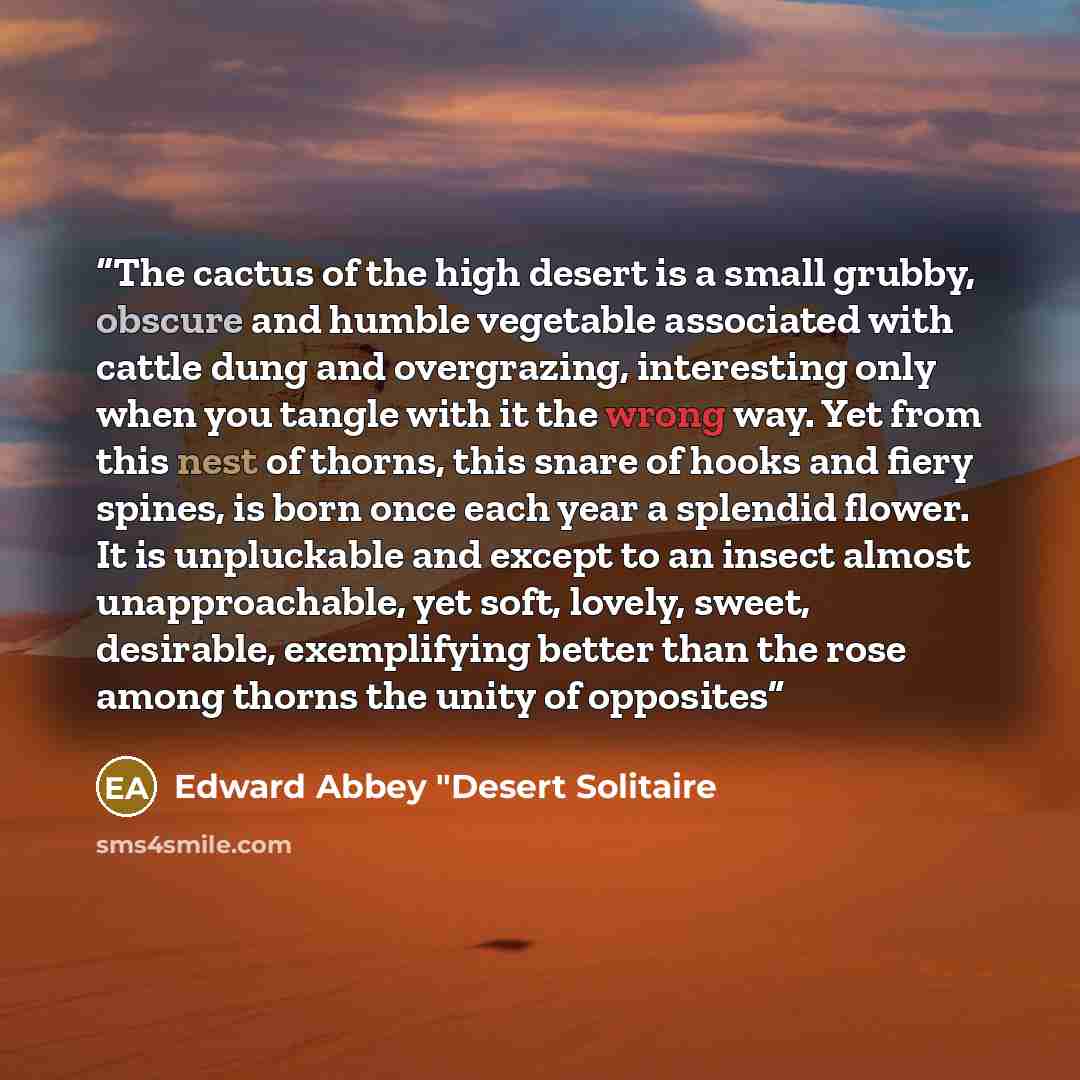 “The cactus of the high desert is a small grubby, obscure and humble vegetable associated with cattle dung and overgrazing, interesting only when you tangle with it the wrong way. Yet from this nest of thorns, this snare of hooks and fiery spines, is born once each year a splendid flower. It is…” quote by Edward Abbey "Desert Solitaire