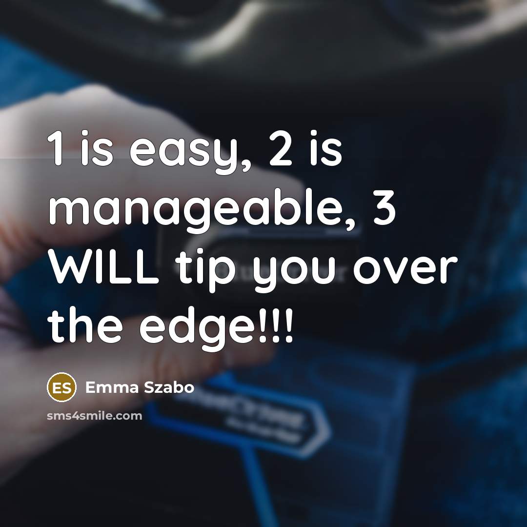 “1 is easy, 2 is manageable, 3 WILL tip you over the edge!!!” quote by Emma Szabo