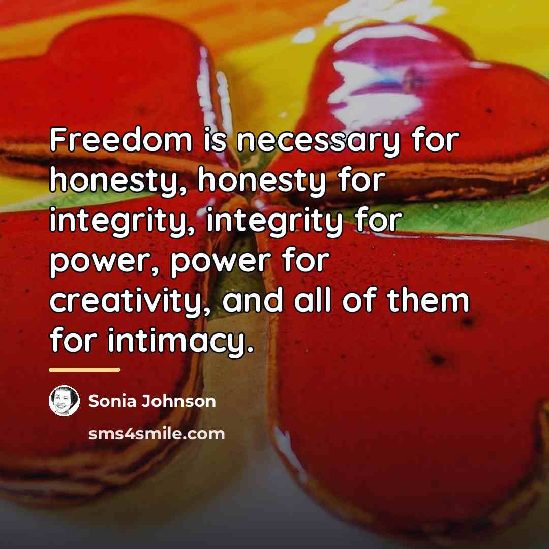 “Freedom is necessary for honesty, honesty for integrity, integrity for…” quote by Sonia Johnson