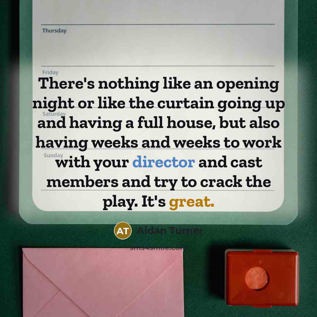 “There's nothing like an opening night or like the curtain going up and having a full house, but also having weeks and weeks to work with your director and cast members and try to crack the play. It's great.” quote by Aidan Turner