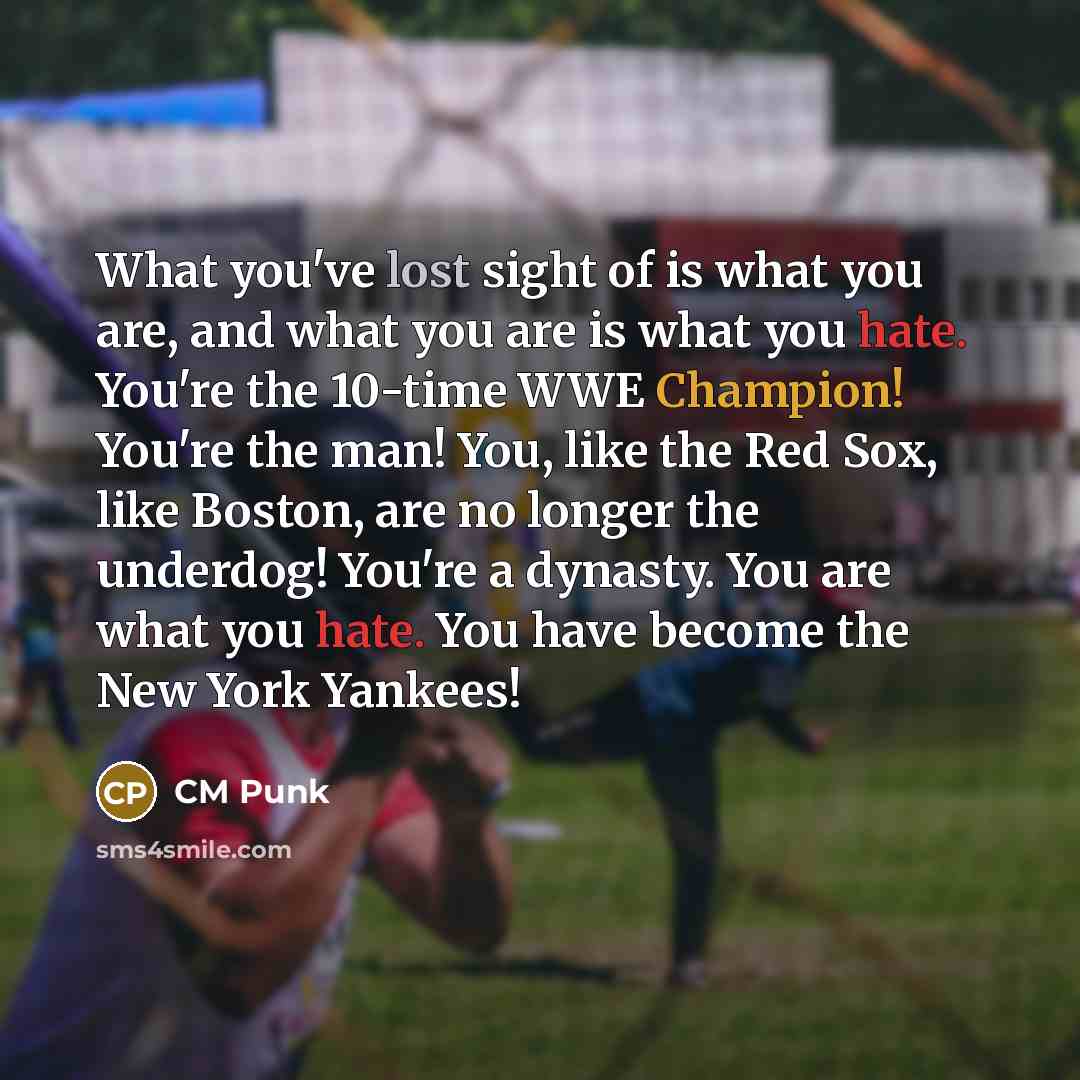 “What you've lost sight of is what you are, and what you are is what you hate. You're the 10-time WWE Champion! You're the man! You, like the Red Sox, like Boston, are no longer the underdog! You're a dynasty. You are what you hate. You have become the New York Yankees!” quote by CM Punk