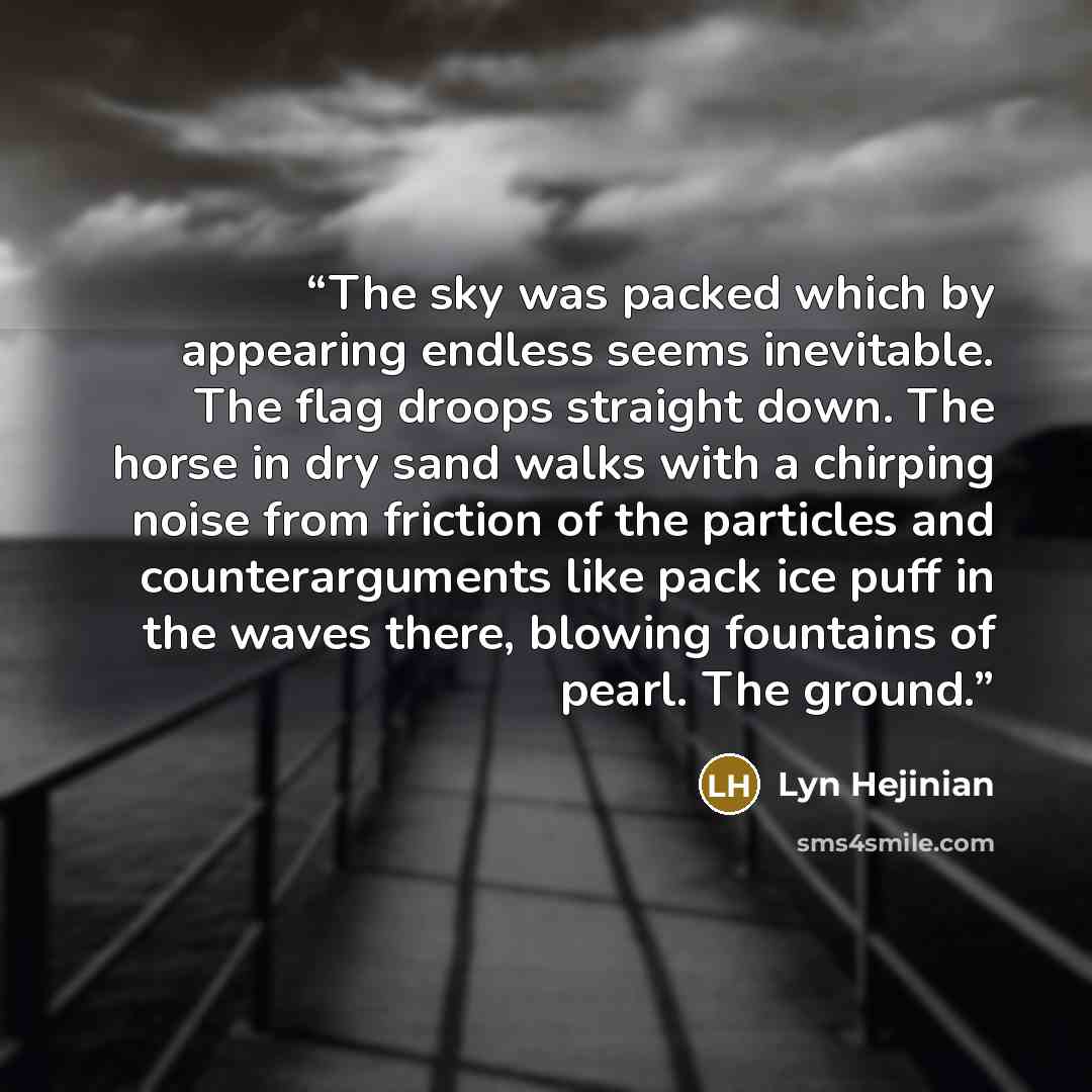 “The sky was packed which by appearing endless seems inevitable. The flag droops straight down. The horse in dry sand walks with a chirping noise from friction of the particles and counterarguments like pack ice puff in the waves there, blowing fountains of pearl. The ground.” quote by Lyn Hejinian