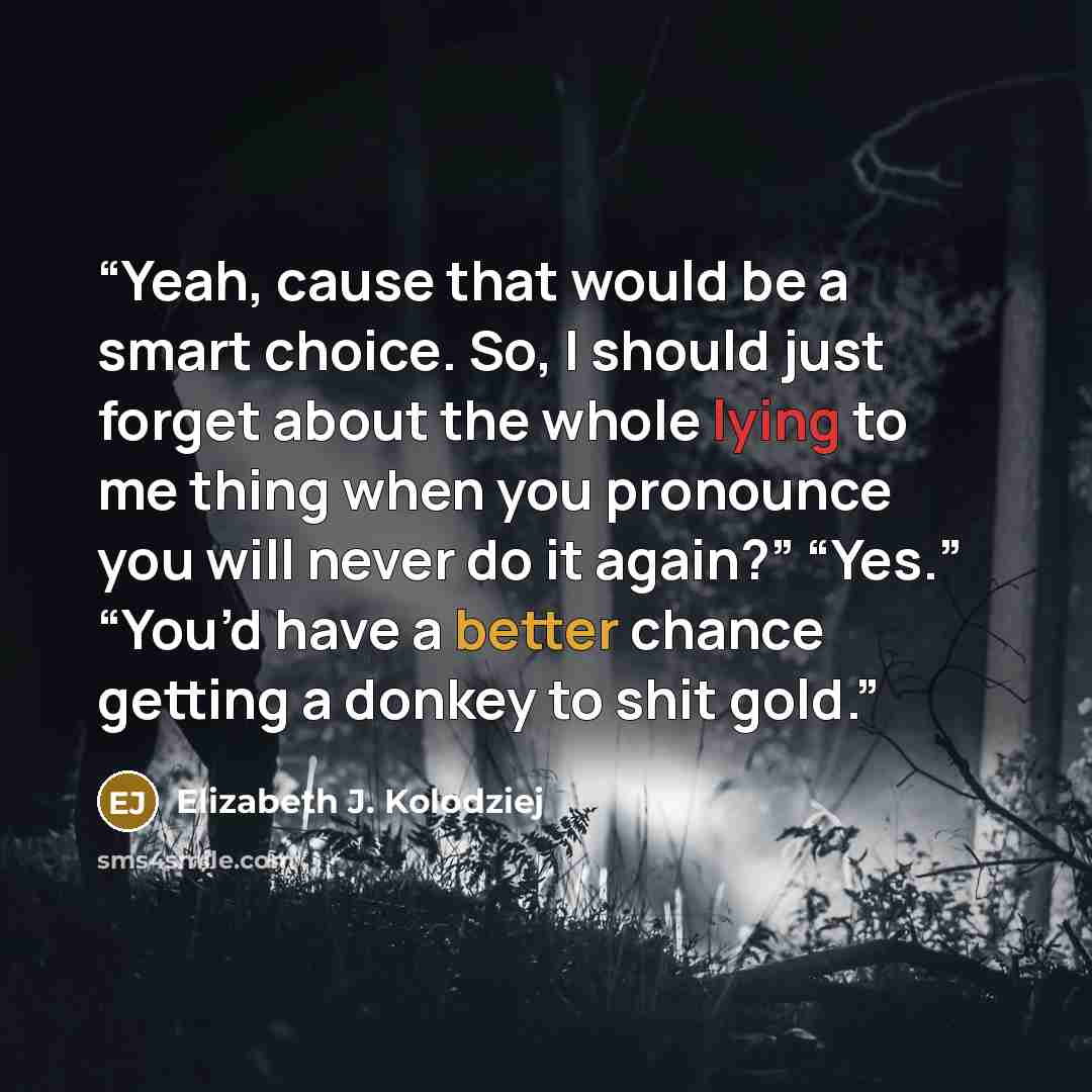 “Yeah, cause that would be a smart choice. So, I should just forget about the whole lying to me thing when you pronounce you will never do it again?” “Yes.” “You’d have a better chance getting a donkey to shit gold.” quote by Elizabeth J. Kolodziej