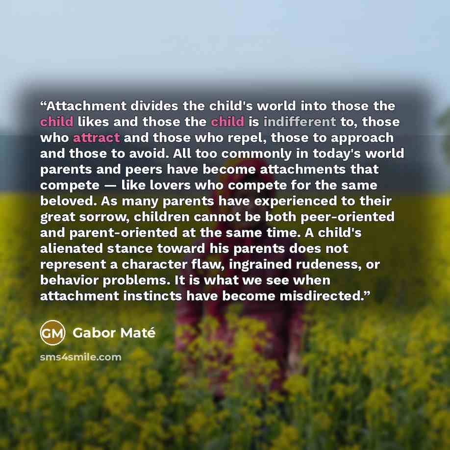 “Attachment divides the child's world into those the child likes and those the child is indifferent to, those who attract and those who repel, those to approach and those to avoid. All too commonly in today's world parents and peers have become attachments that compete — like lovers who compete for…” quote by Gabor Maté