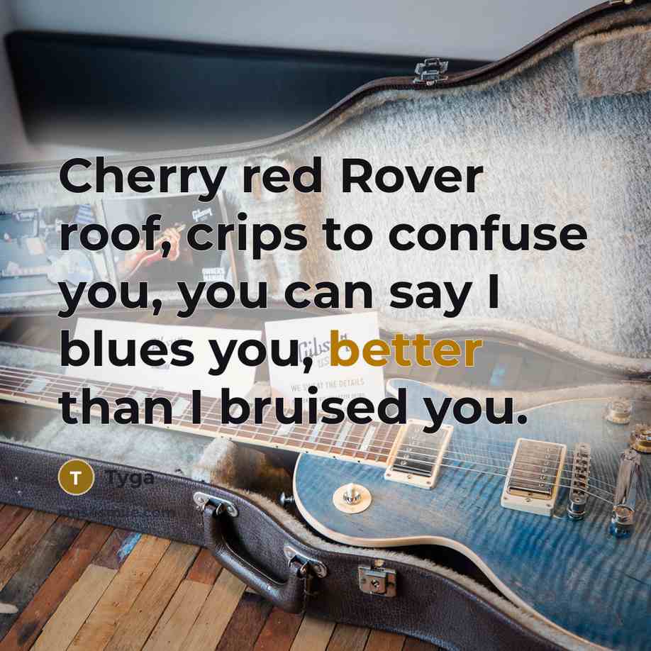 “Cherry red Rover roof, crips to confuse you, you can say I blues you, better than I bruised you.” quote by Tyga