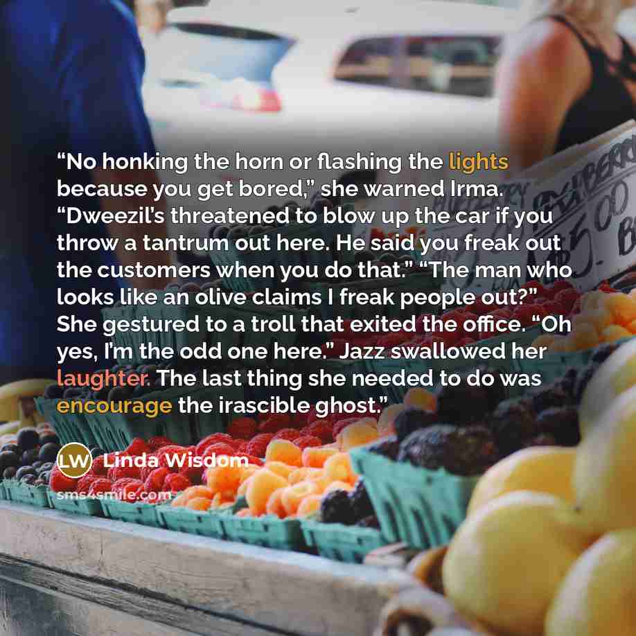 “No honking the horn or flashing the lights because you get bored,” she warned Irma. “Dweezil’s threatened to blow up the car if you throw a tantrum out here. He said you freak out the customers when you do that.” “The man who looks like an olive claims I freak people out?” She gestured to a troll…” quote by Linda Wisdom