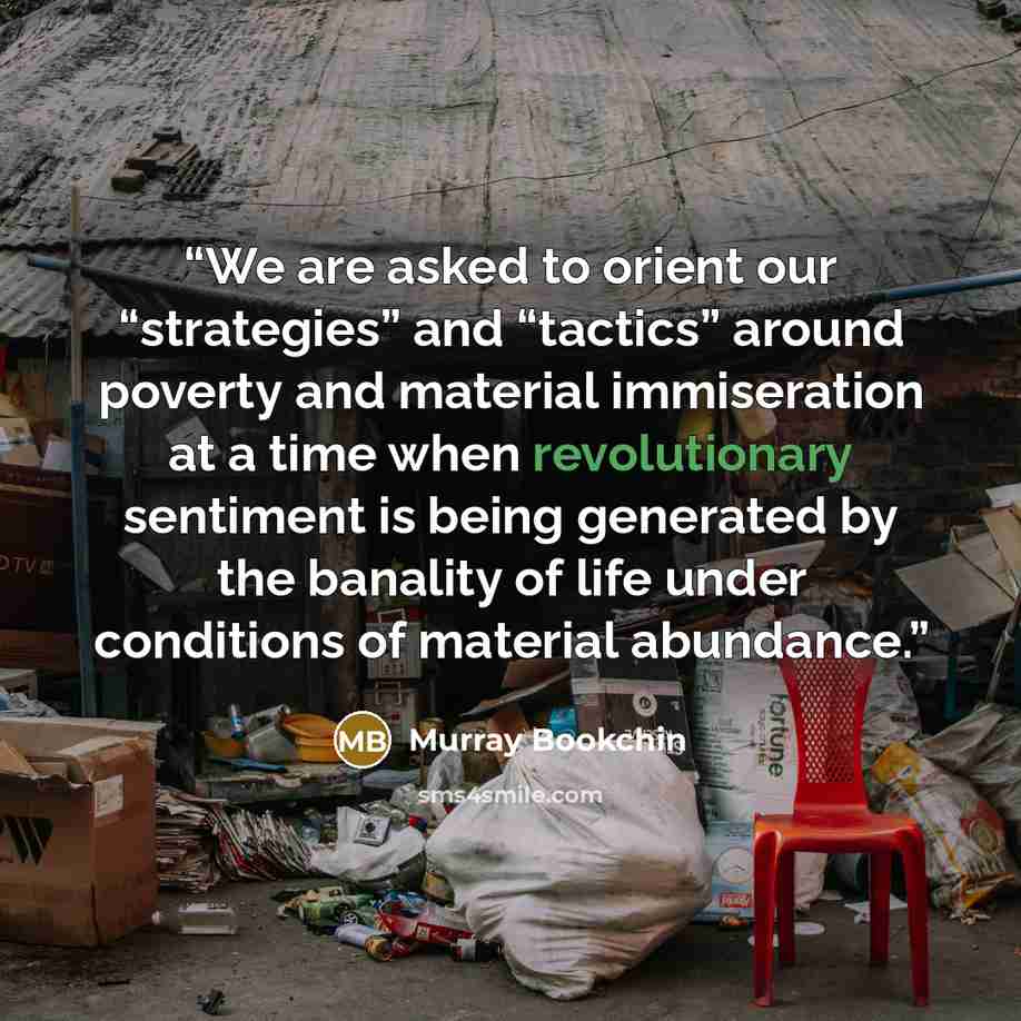 “We are asked to orient our “strategies” and “tactics” around poverty and material immiseration at a time when revolutionary sentiment is being generated by the banality of life under conditions of material abundance.” quote by Murray Bookchin
