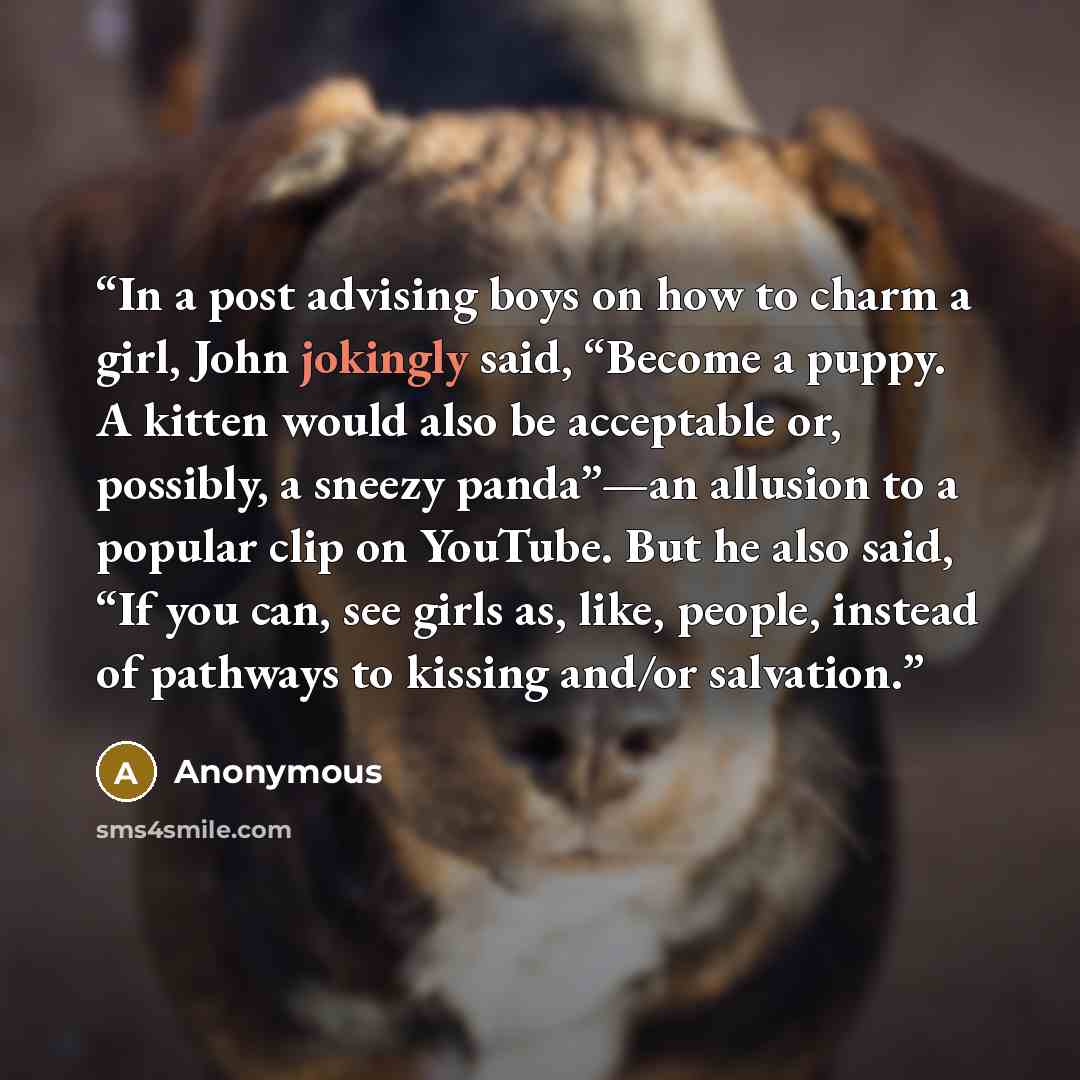 “In a post advising boys on how to charm a girl, John jokingly said, “Become a puppy. A kitten would also be acceptable or, possibly, a sneezy panda”—an allusion to a popular clip on YouTube. But he also said, “If you can, see girls as, like, people, instead of pathways to kissing and/or salvation.” quote by Anonymous