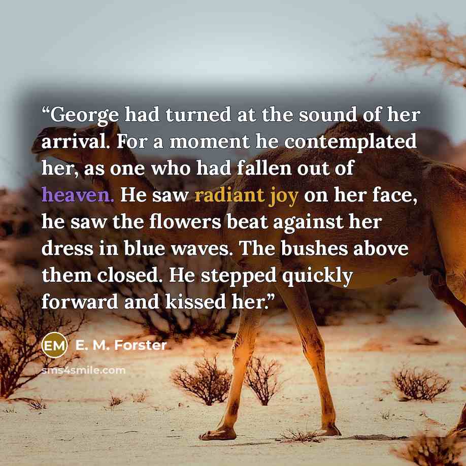 “George had turned at the sound of her arrival. For a moment he contemplated her, as one who had fallen out of heaven. He saw radiant joy on her face, he saw the flowers beat against her dress in blue waves. The bushes above them closed. He stepped quickly forward and kissed her.” quote by E. M. Forster
