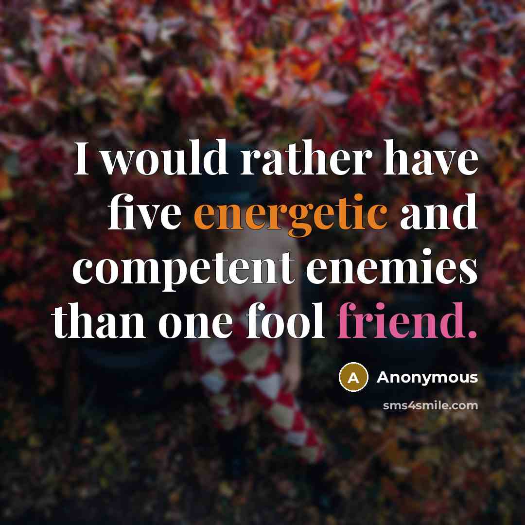 “I would rather have five energetic and competent enemies than one fool friend.” quote by Anonymous