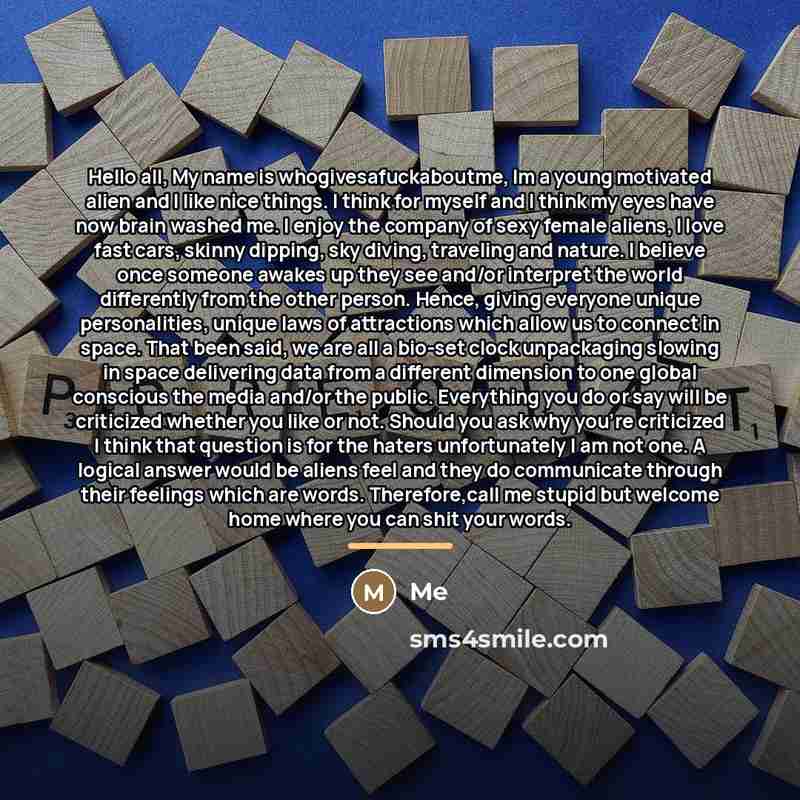 “Hello all, My name is whogivesafuckaboutme, Im a young motivated…” quote by Me