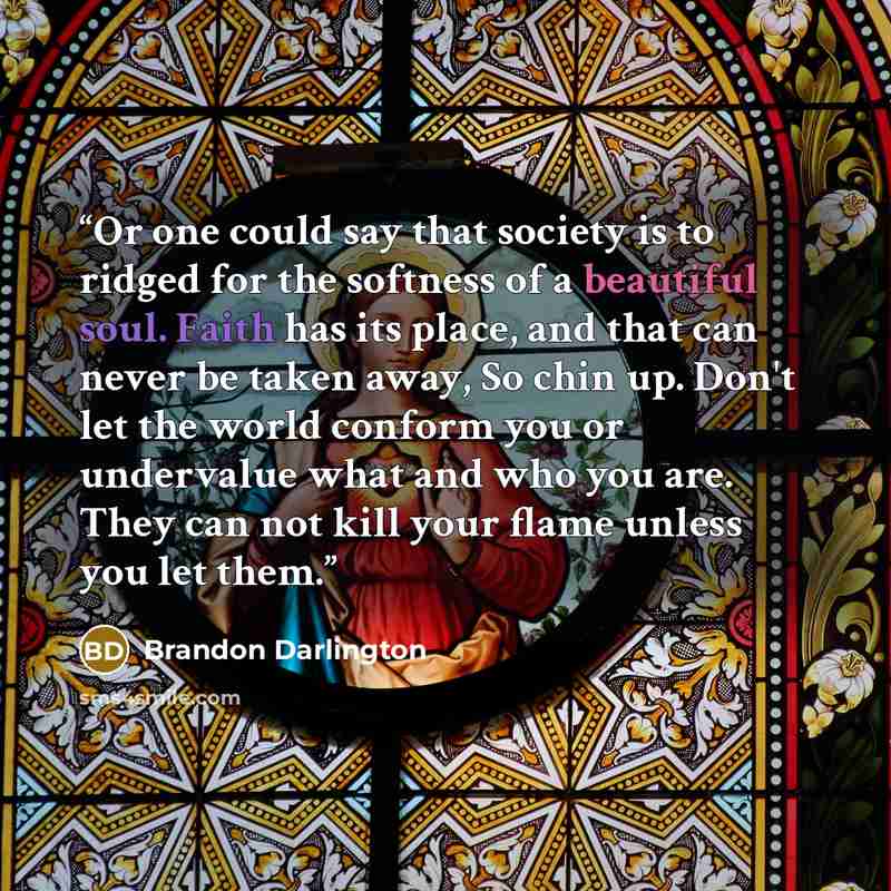 “Or one could say that society is to ridged for the softness of a beautiful soul. Faith has its place, and that can never be taken away, So chin up. Don't let the world conform you or undervalue what and who you are. They can not kill your flame unless you let them.” quote by Brandon Darlington