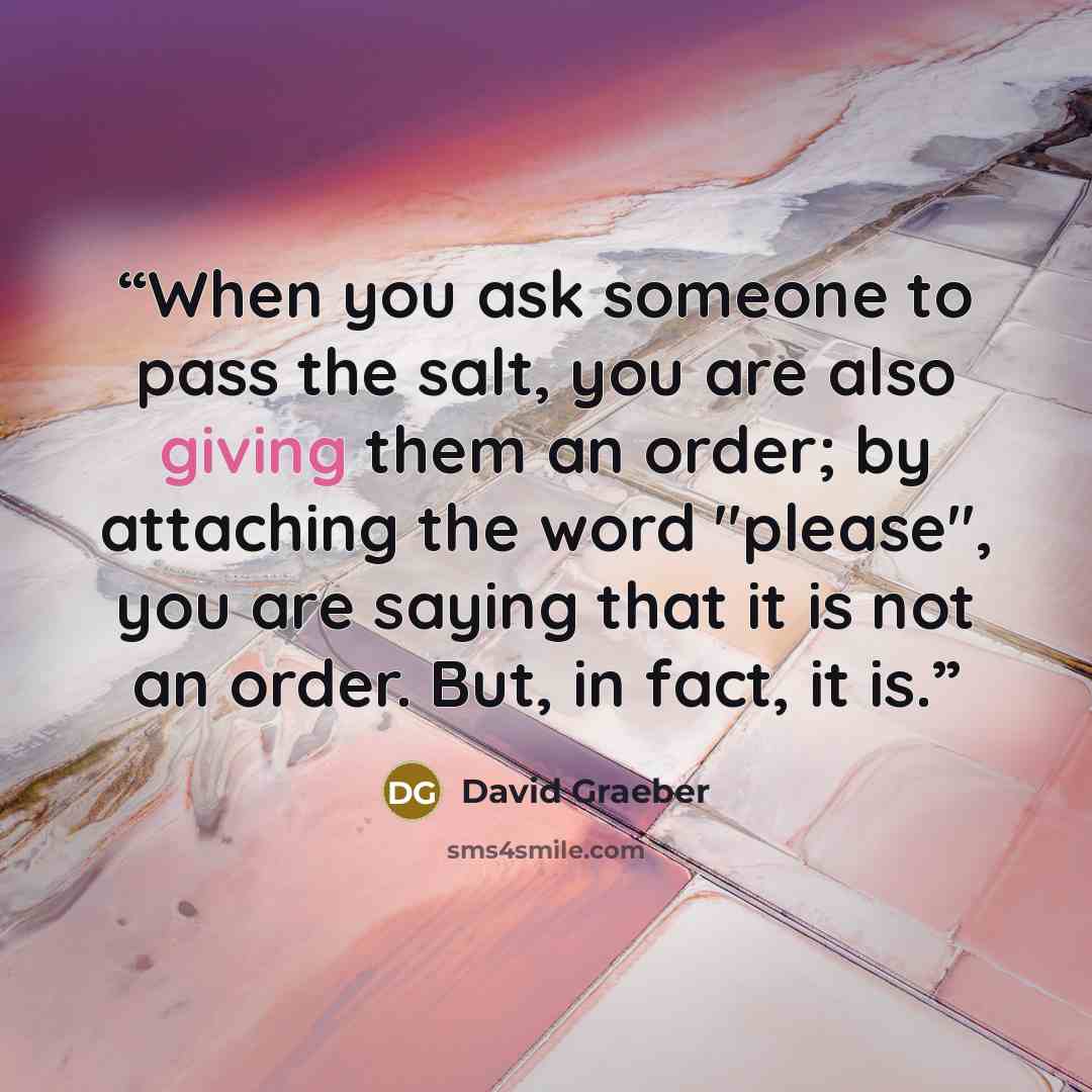 “When you ask someone to pass the salt, you are also giving them an order; by attaching the word "please", you are saying that it is not an order. But, in fact, it is.” quote by David Graeber