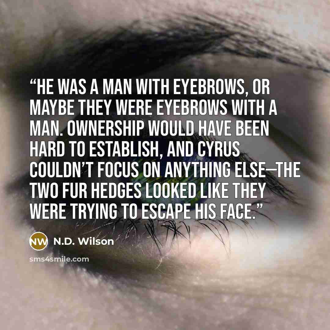 “He was a man with eyebrows, or maybe they were eyebrows with a man. Ownership would have been hard to establish, and Cyrus couldn’t focus on anything else—the two fur hedges looked like they were trying to escape his face.” quote by N.D. Wilson