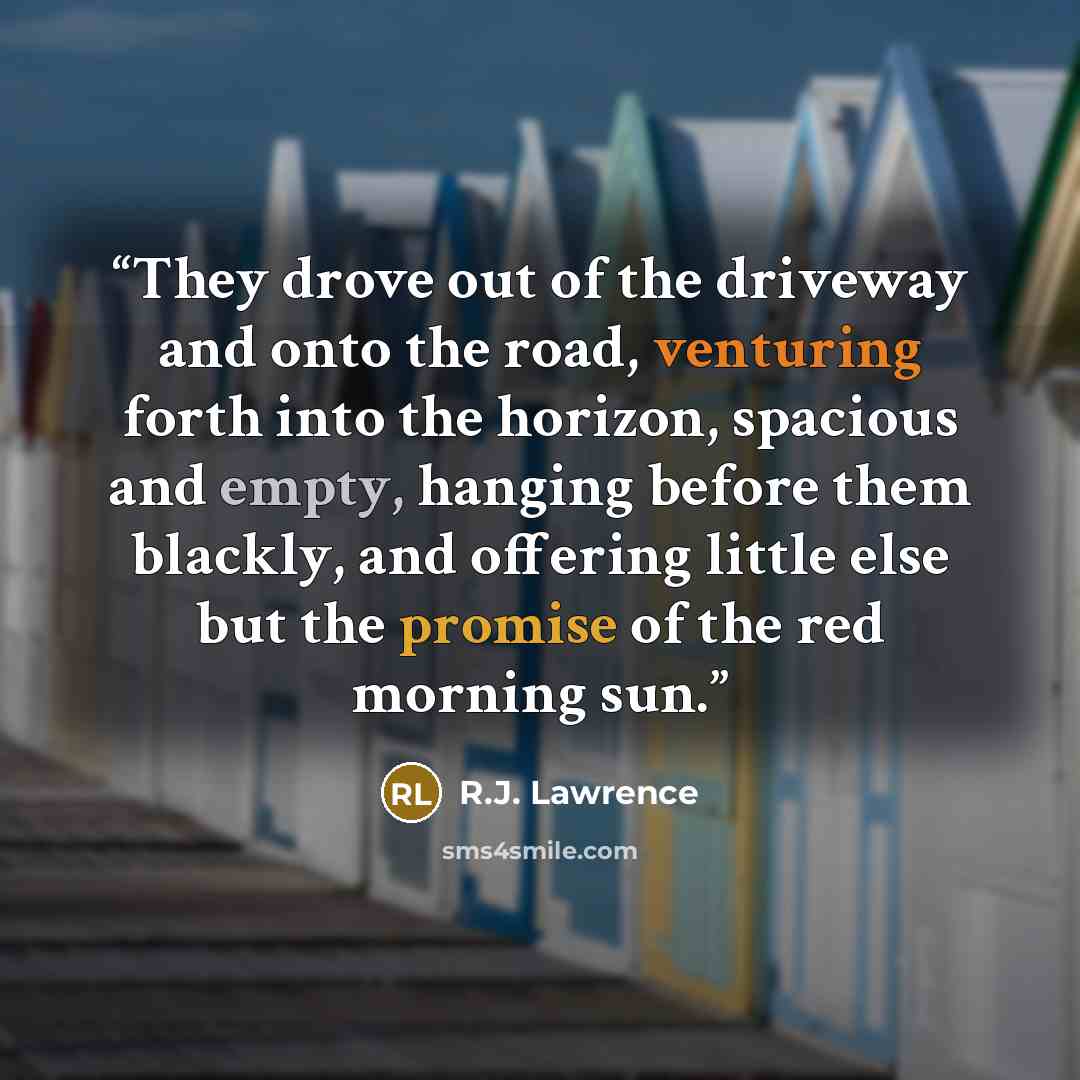 “They drove out of the driveway and onto the road, venturing forth into the horizon, spacious and empty, hanging before them blackly, and offering little else but the promise of the red morning sun.” quote by R.J. Lawrence