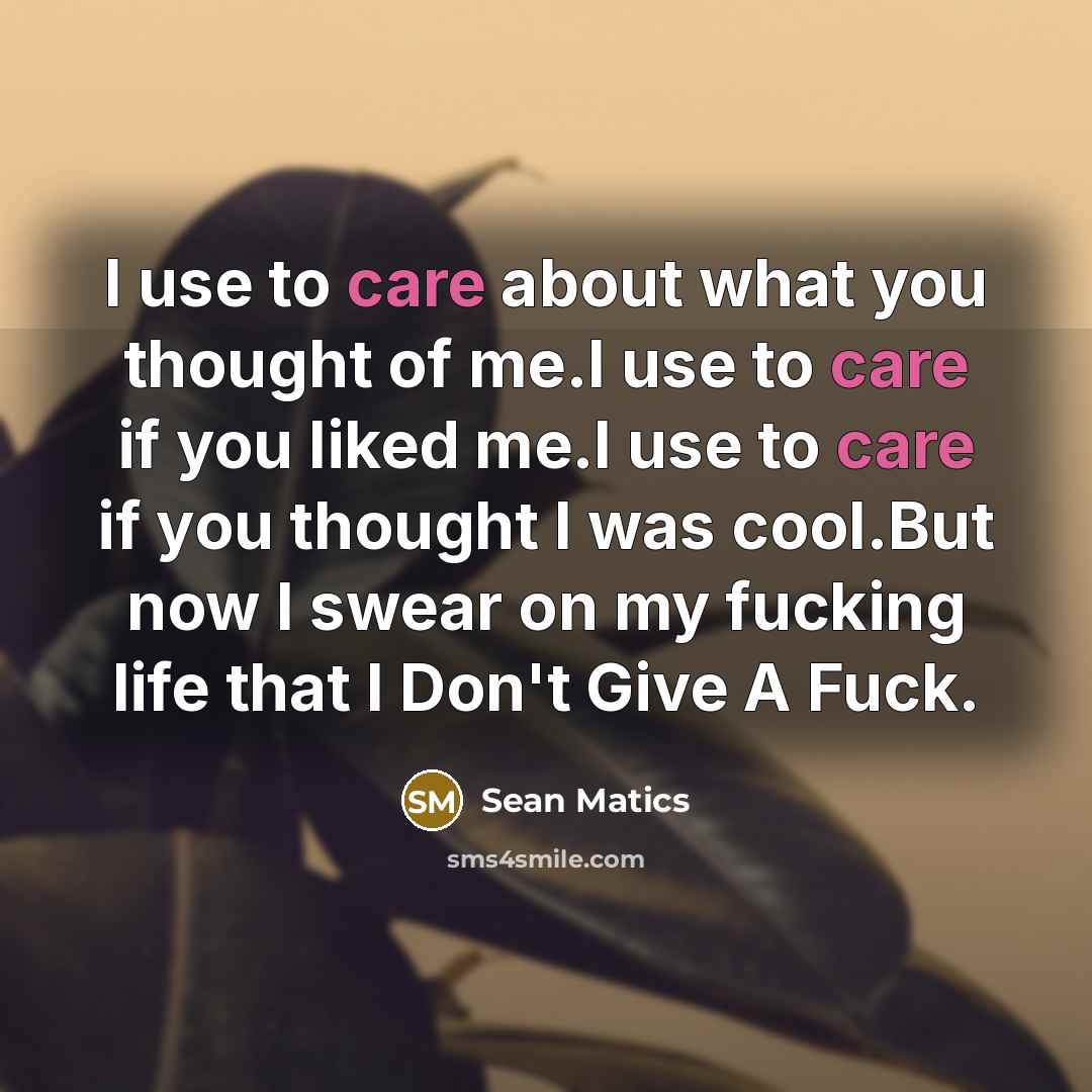 “I use to care about what you thought of me.I use to care if you liked me.I use to care if you thought I was cool.But now I swear on my fucking life that I Don't Give A Fuck.” quote by Sean Matics