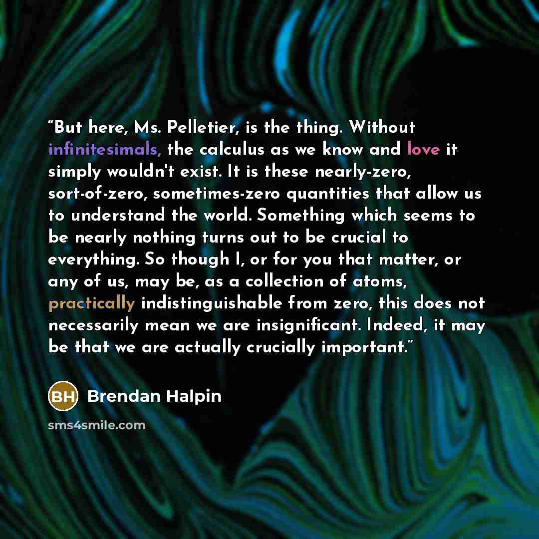 “But here, Ms. Pelletier, is the thing. Without infinitesimals, the calculus as we know and love it simply wouldn't exist. It is these nearly-zero, sort-of-zero, sometimes-zero quantities that allow us to understand the world. Something which seems to be nearly nothing turns out to be crucial to…” quote by Brendan Halpin