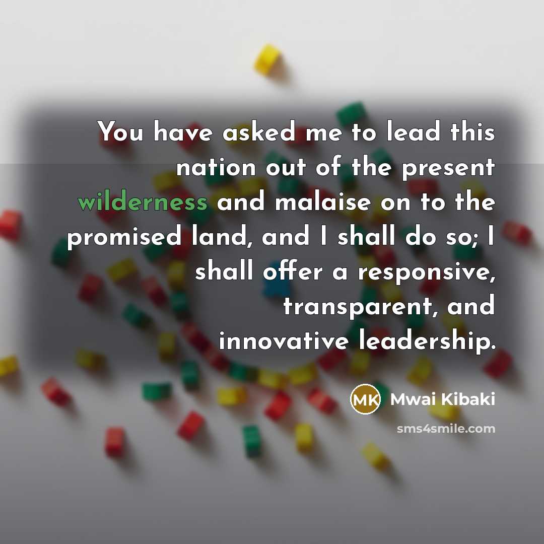 “You have asked me to lead this nation out of the present wilderness and malaise on to the promised land, and I shall do so; I shall offer a responsive, transparent, and innovative leadership.” quote by Mwai Kibaki